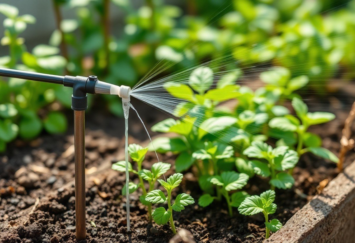 Drip irrigation system watering a small herb garden