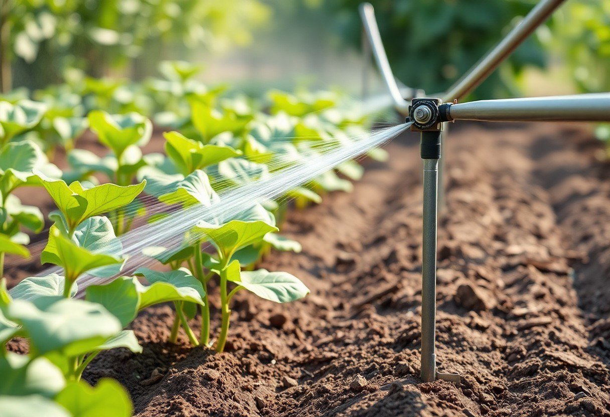 An irrigation system watering peanut plants in a garden