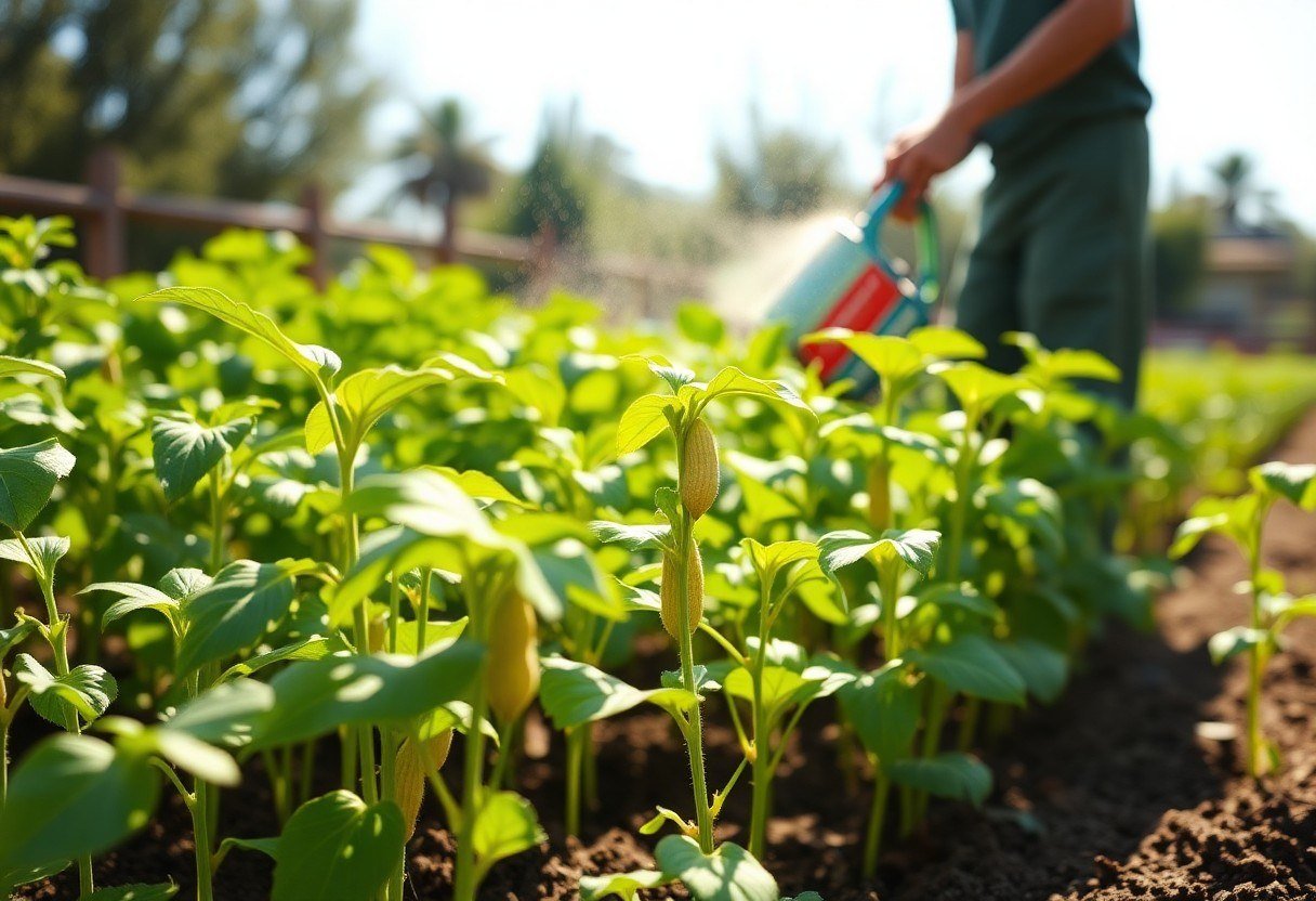 Peanut plants growing in a sunny garden with a person watering them