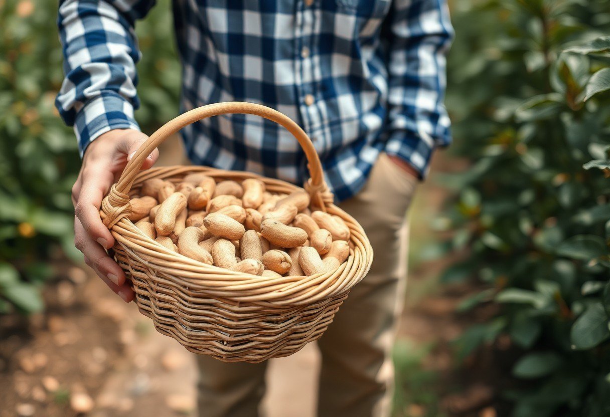 A person holding a basket of fresh peanuts in a garden