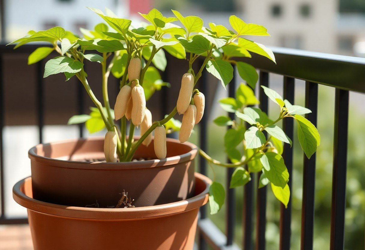A peanut plant growing in a deep pot on a sunny balcony