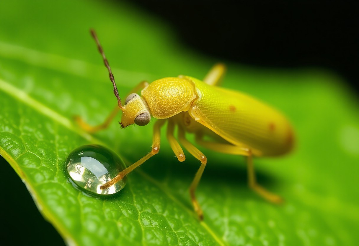 Magnified view of an aphid on a plant leaf with a drop of neem oil solution