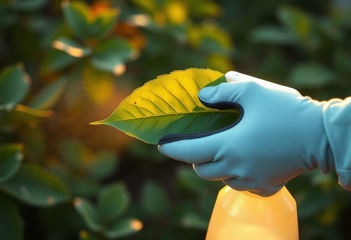 Spraying the lower surface of plant leaves with neem oil solution at sunset light