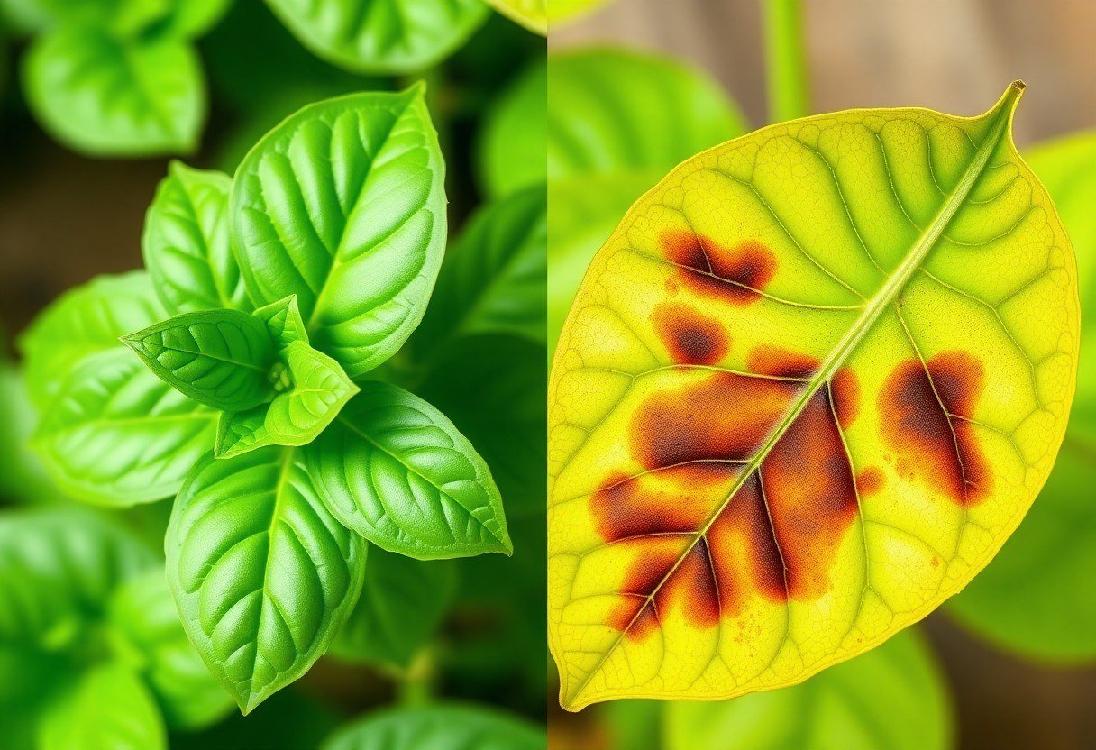 Comparison between a healthy basil leaf and one burned due to incorrect neem oil spraying