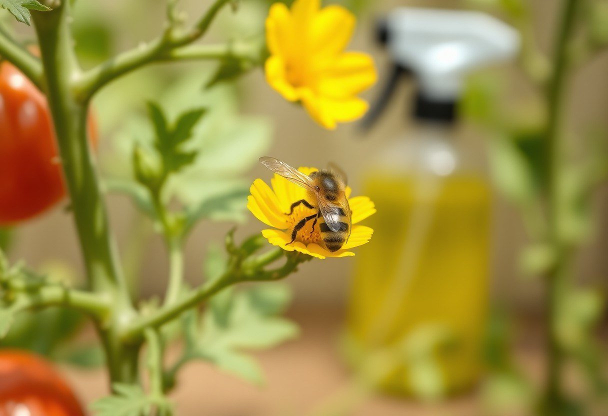 A bee safely pollinating a tomato flower with a neem oil spray bottle in the background