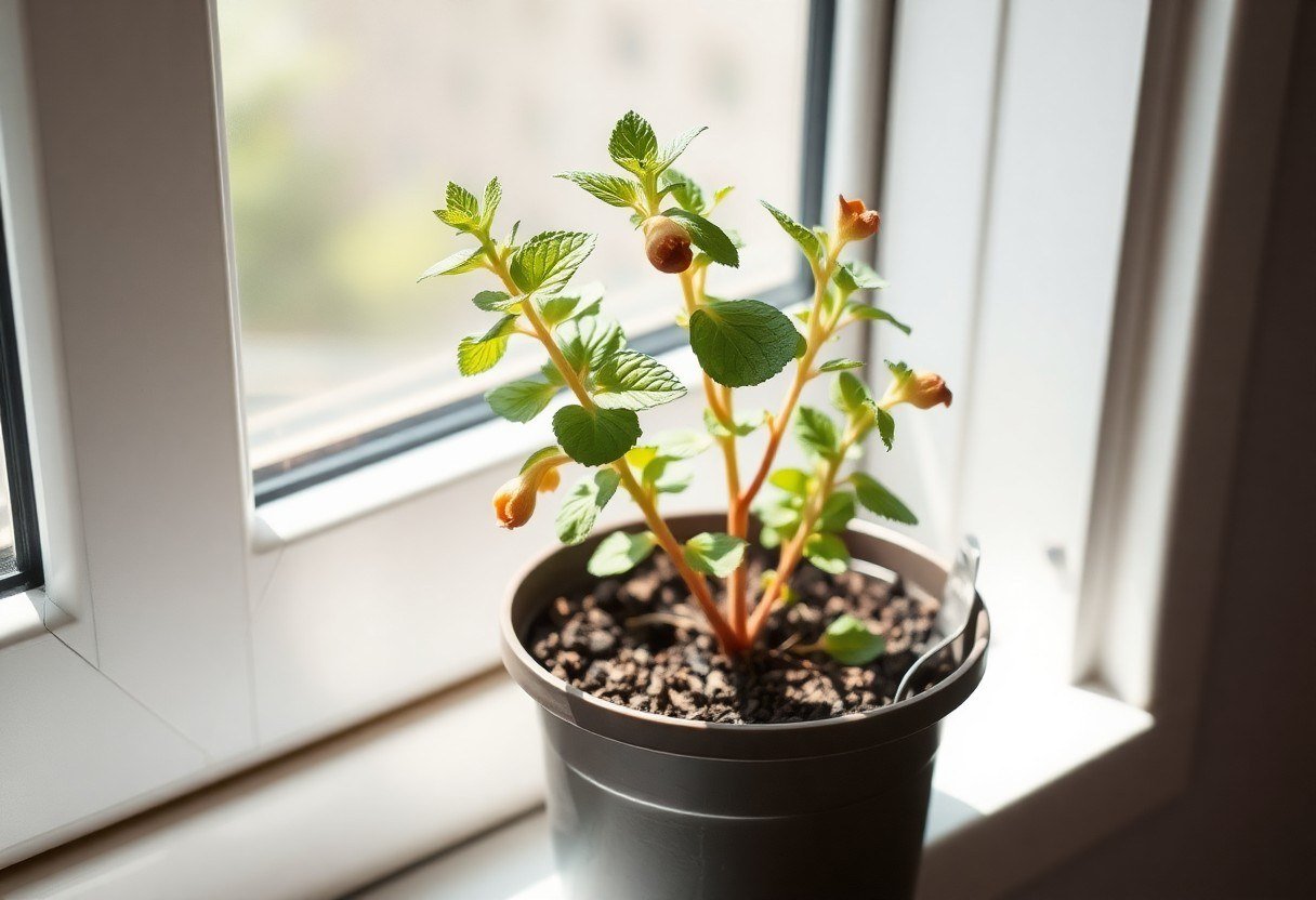 Wilted Egyptian mint plant in a small plastic pot on a sunny windowsill