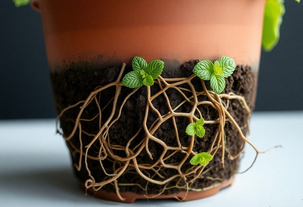 Cross-section of mint roots tightly wrapped and suffocated inside a small pot