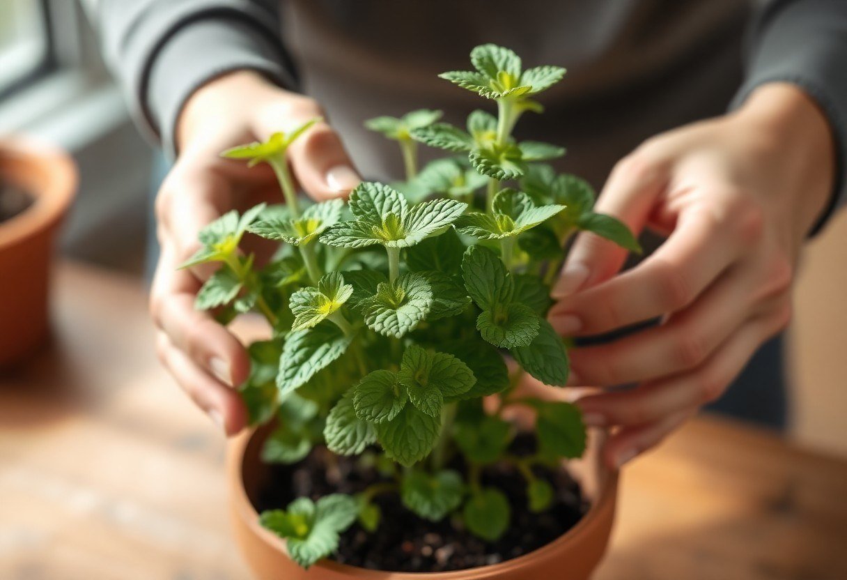 Hands gently pruning the tips of a healthy Egyptian mint plant in a terracotta pot with morning light