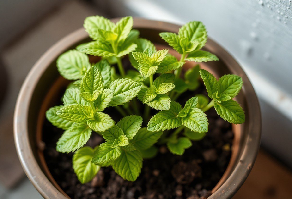 Yellowing mint in wet clay soil due to overwatering and lack of drainage holes