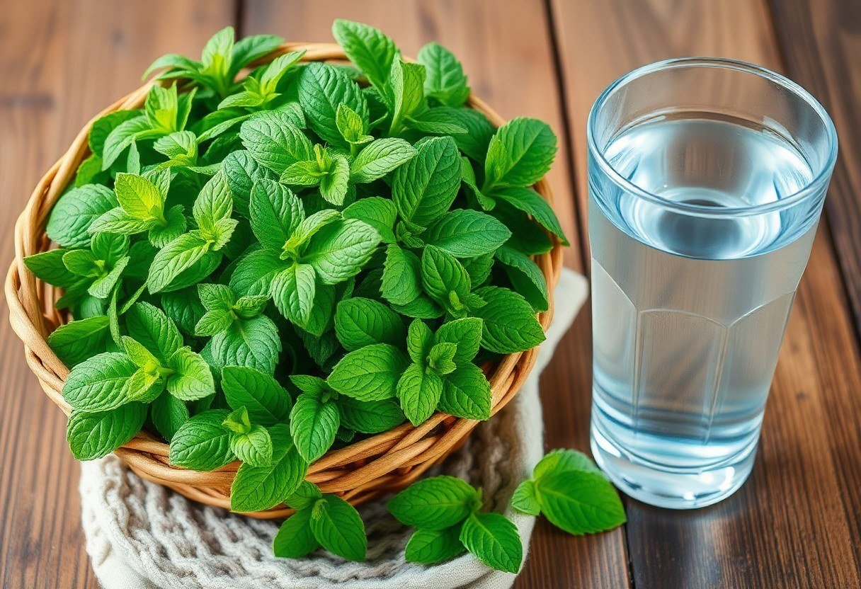 Freshly harvested Egyptian mint leaves in a basket next to a glass of cold water on a wooden table