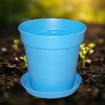 أصيص زرع بلاستيك مقاس 11 سم بتصريف ذاتي مع طبق (Baby Blue)